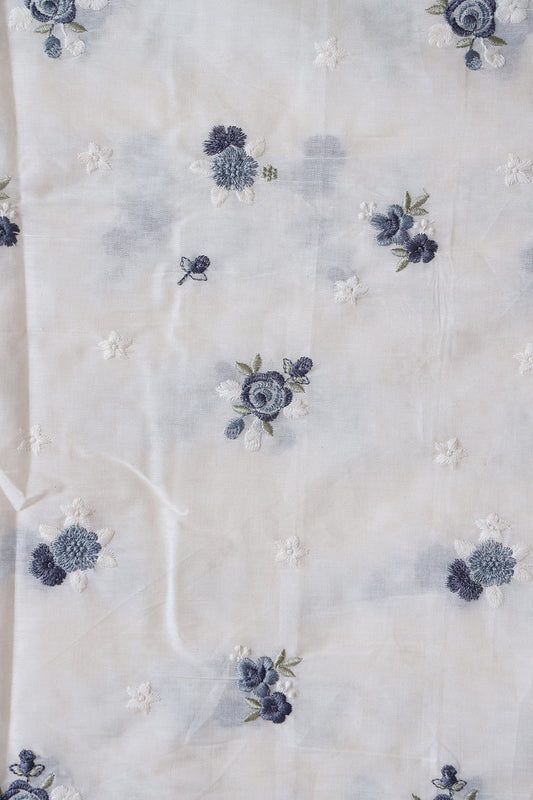 AIzaSyBcstauz-XMPRhEY21AUzeo032pxrXB5Ug - Grey And White Thread Small Floral Embroidery On Off White Organic Cotton Fabric