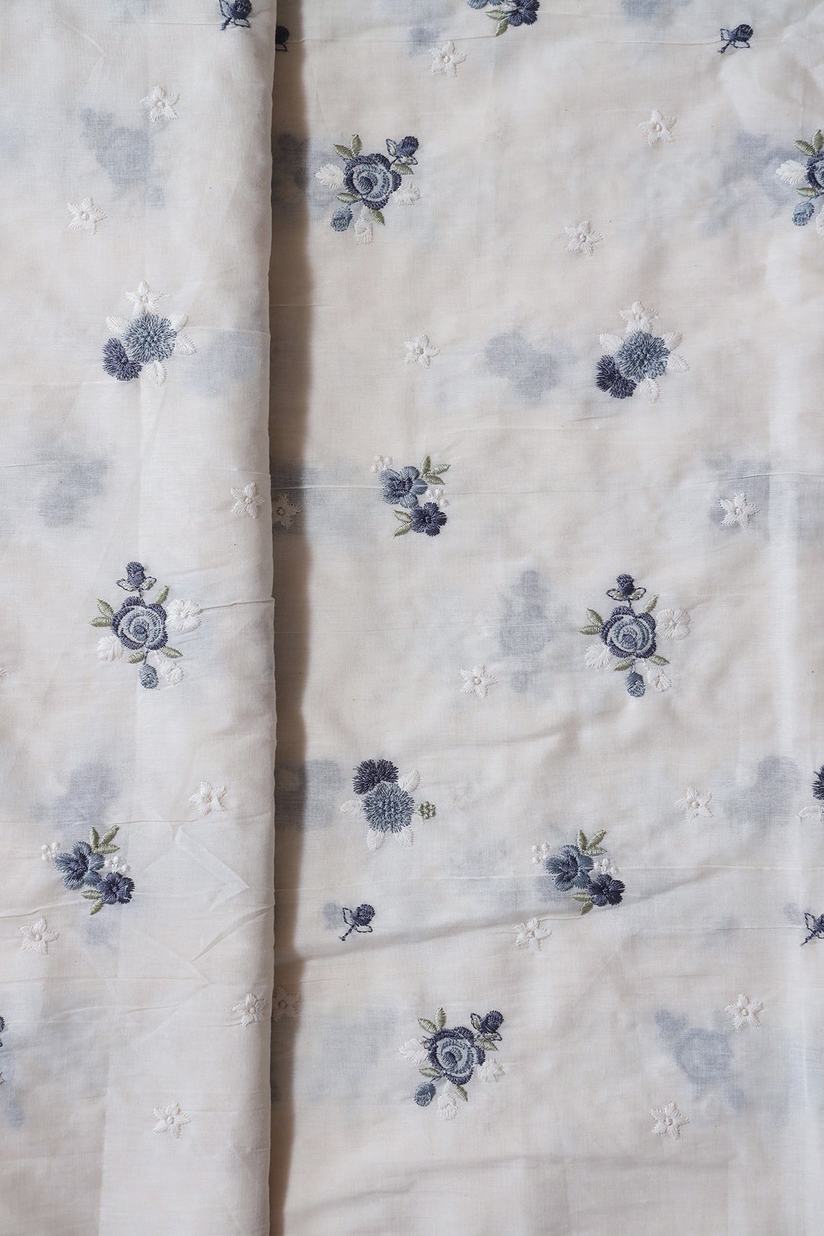 AIzaSyBcstauz-XMPRhEY21AUzeo032pxrXB5Ug - Grey And White Thread Small Floral Embroidery On Off White Organic Cotton Fabric