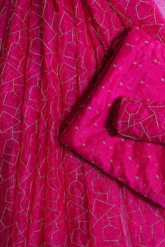 AIzaSyBcstauz-XMPRhEY21AUzeo032pxrXB5Ug - Fuchsia Organza with Cut Dana Beads Embroidery Unstitched Lehenga Set Fabric (3 Piece