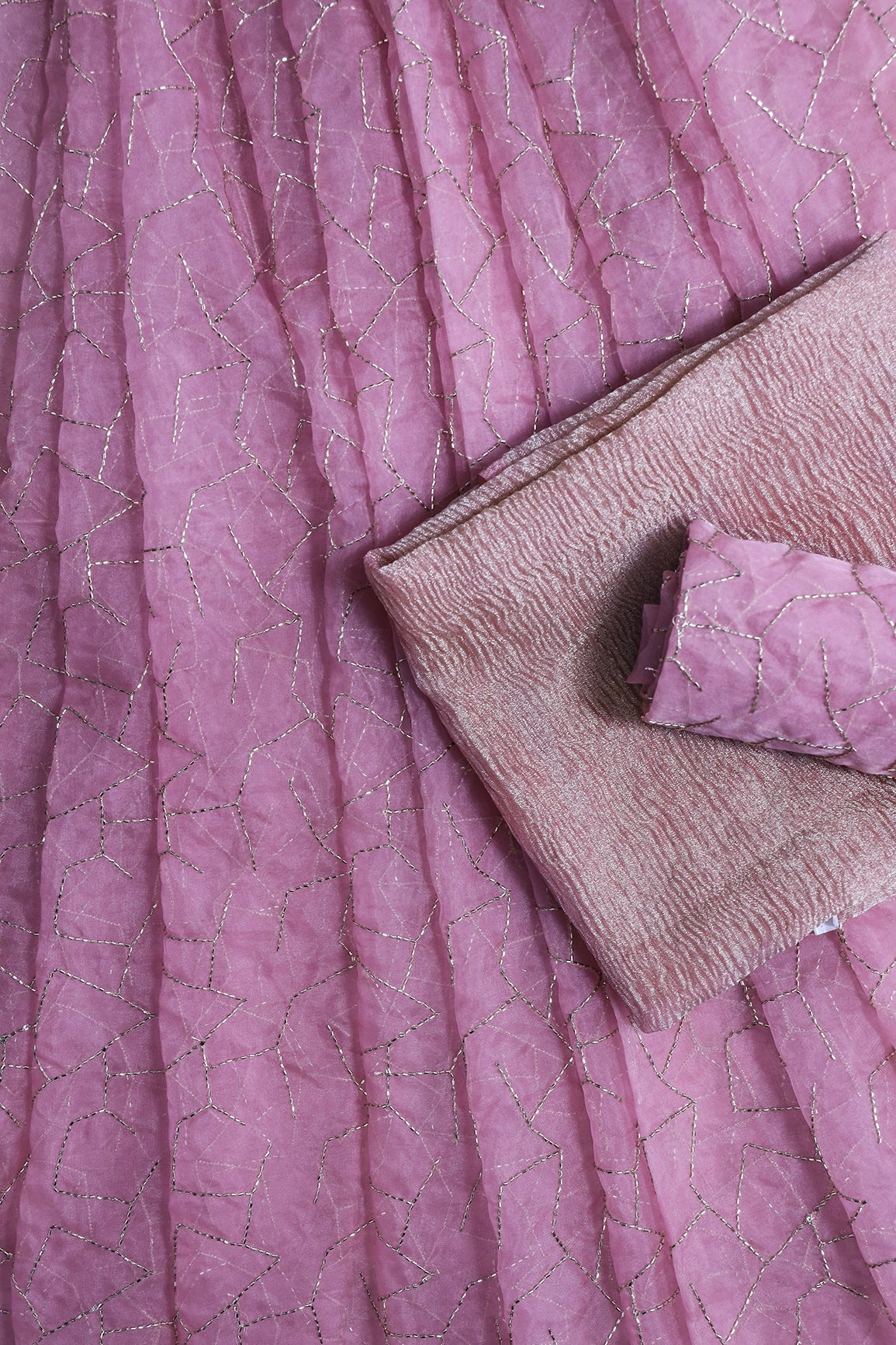 AIzaSyBcstauz-XMPRhEY21AUzeo032pxrXB5Ug - Cut dana Beads On Gajri Pink Organza Unstitched Lehenga Set Fabric (3 Piece)