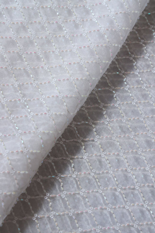 AIzaSyBcstauz-XMPRhEY21AUzeo032pxrXB5Ug - Cut Dana Beads Beautiful Ogee Embroidery On White Dyeable Organza Fabric