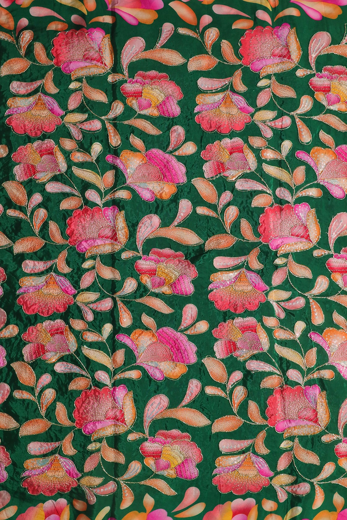 AIzaSyBcstauz-XMPRhEY21AUzeo032pxrXB5Ug - Gold Beads With Sequins Floral Positional Embroidery Work On Dark Green Pure Crepe Fabric