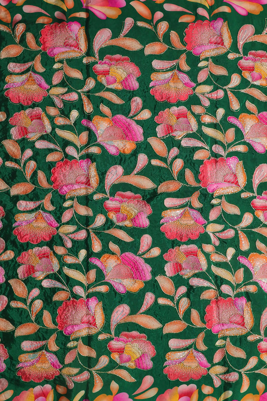 AIzaSyBcstauz-XMPRhEY21AUzeo032pxrXB5Ug - Gold Beads With Sequins Floral Positional Embroidery Work On Dark Green Pure Crepe Fabric