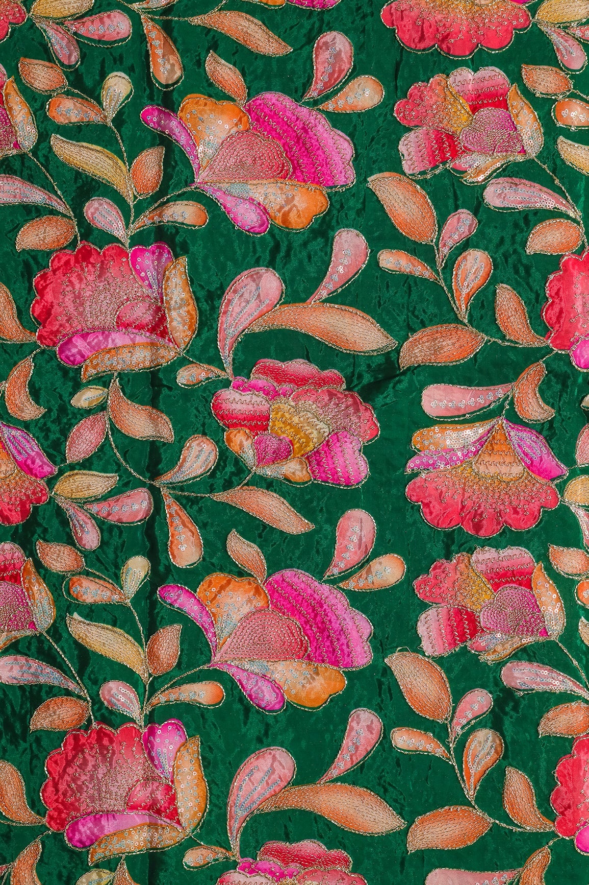 AIzaSyBcstauz-XMPRhEY21AUzeo032pxrXB5Ug - Gold Beads With Sequins Floral Positional Embroidery Work On Dark Green Pure Crepe Fabric