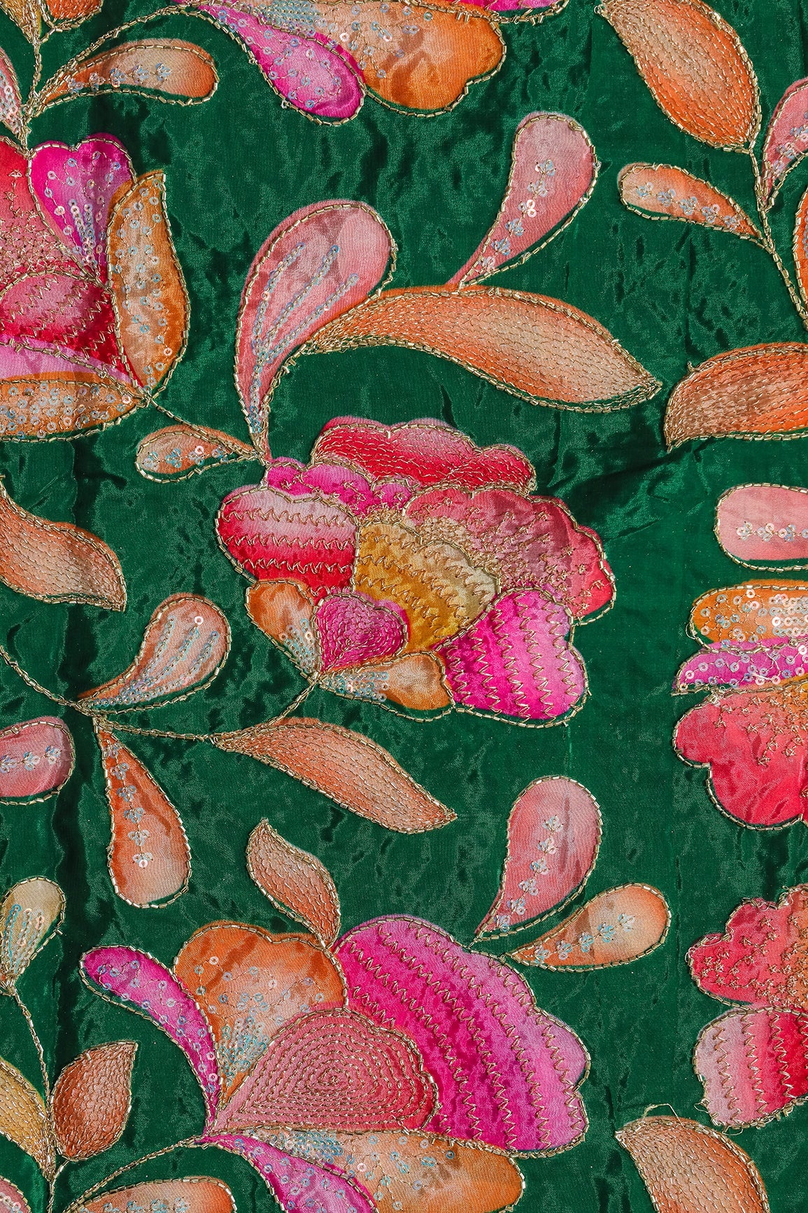 AIzaSyBcstauz-XMPRhEY21AUzeo032pxrXB5Ug - Gold Beads With Sequins Floral Positional Embroidery Work On Dark Green Pure Crepe Fabric