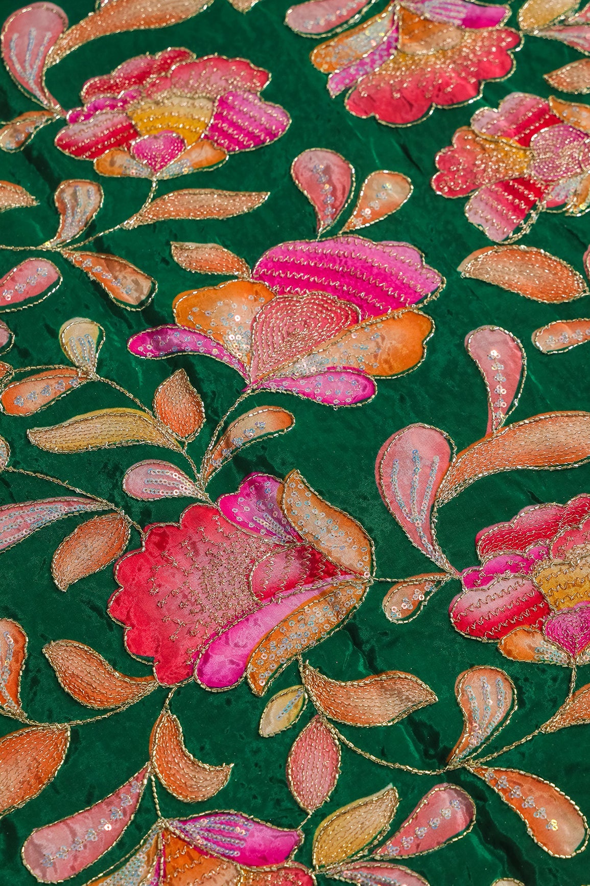 AIzaSyBcstauz-XMPRhEY21AUzeo032pxrXB5Ug - Gold Beads With Sequins Floral Positional Embroidery Work On Dark Green Pure Crepe Fabric