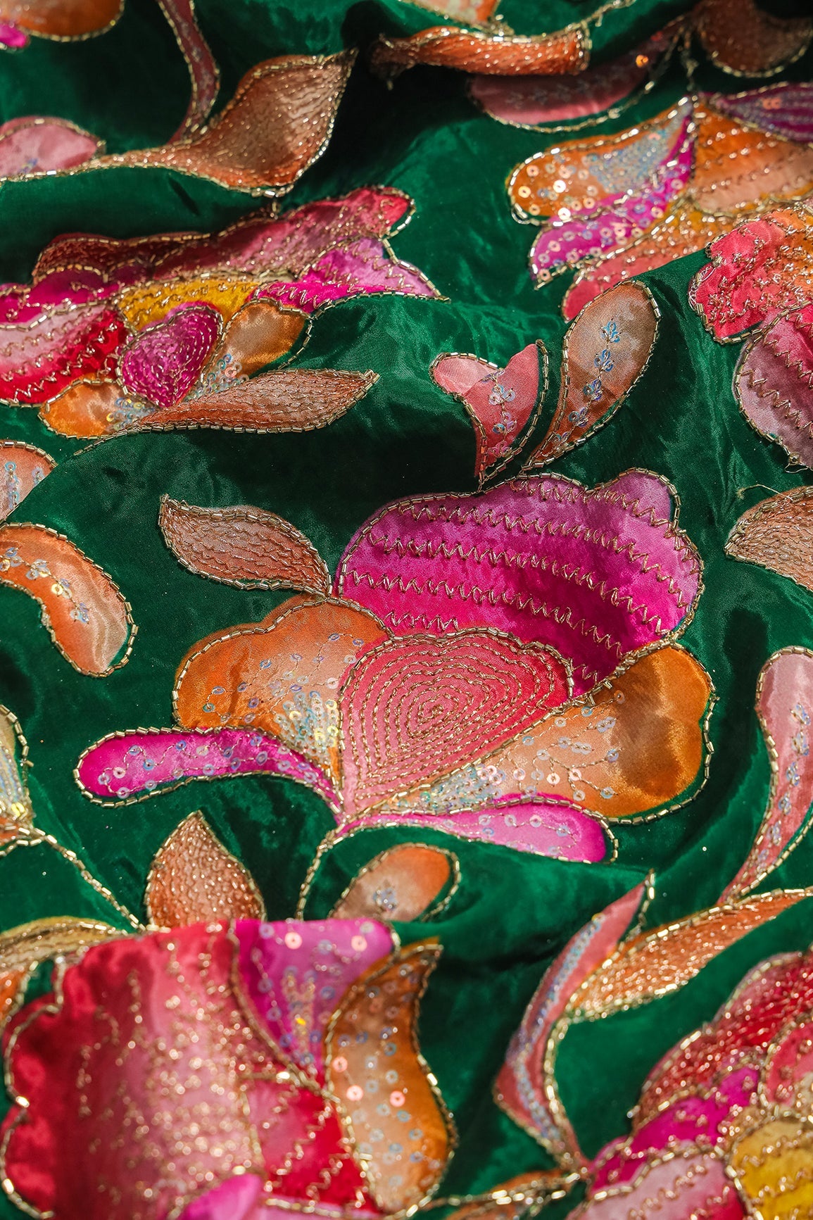 AIzaSyBcstauz-XMPRhEY21AUzeo032pxrXB5Ug - Gold Beads With Sequins Floral Positional Embroidery Work On Dark Green Pure Crepe Fabric