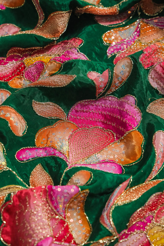 AIzaSyBcstauz-XMPRhEY21AUzeo032pxrXB5Ug - Gold Beads With Sequins Floral Positional Embroidery Work On Dark Green Pure Crepe Fabric