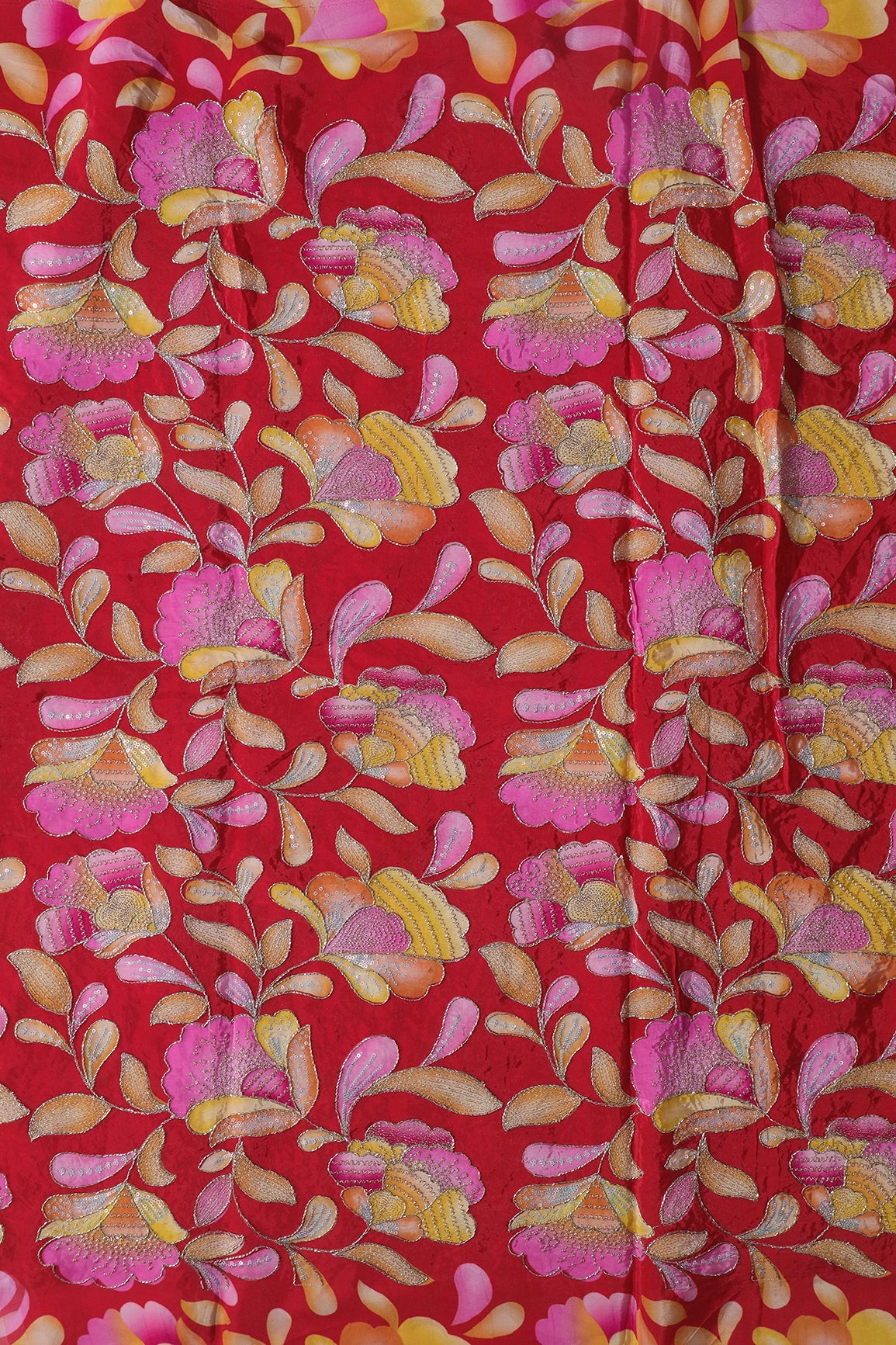 AIzaSyBcstauz-XMPRhEY21AUzeo032pxrXB5Ug - Gold Beads With Sequins Floral Positional Embroidery Work On Red Pure Crepe Fabric