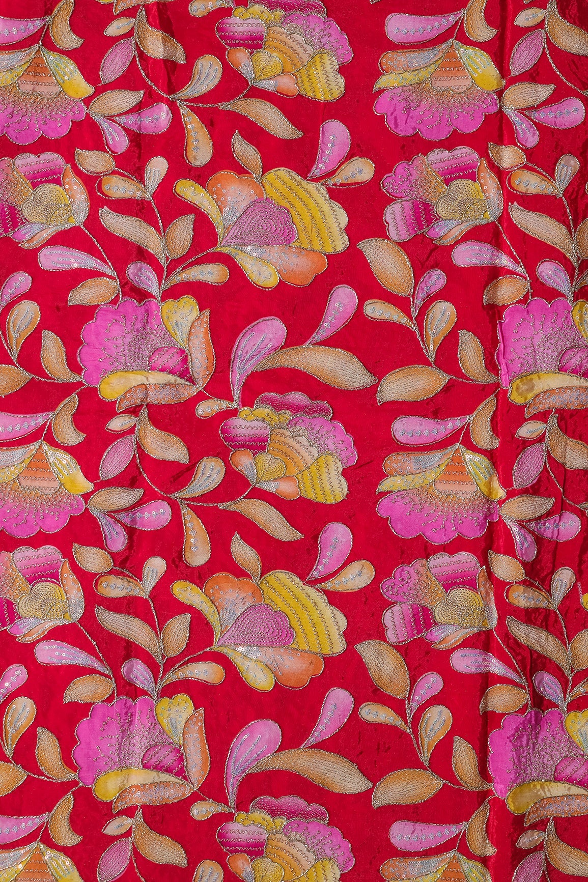 AIzaSyBcstauz-XMPRhEY21AUzeo032pxrXB5Ug - Gold Beads With Sequins Floral Positional Embroidery Work On Red Pure Crepe Fabric