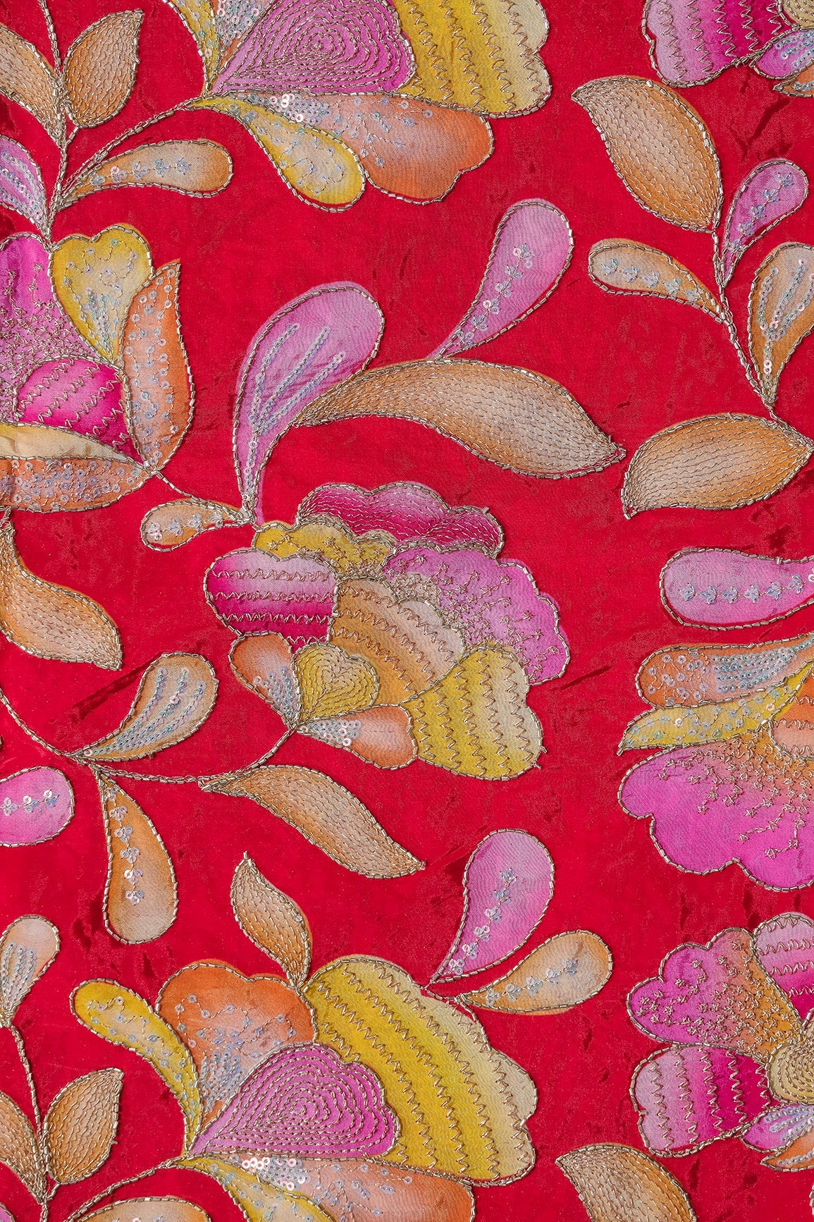 AIzaSyBcstauz-XMPRhEY21AUzeo032pxrXB5Ug - Gold Beads With Sequins Floral Positional Embroidery Work On Red Pure Crepe Fabric