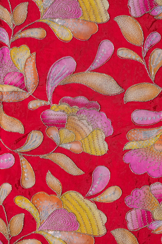 AIzaSyBcstauz-XMPRhEY21AUzeo032pxrXB5Ug - Gold Beads With Sequins Floral Positional Embroidery Work On Red Pure Crepe Fabric