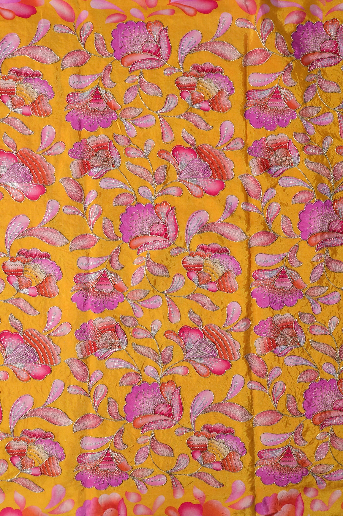 AIzaSyBcstauz-XMPRhEY21AUzeo032pxrXB5Ug - Gold Beads With Sequins Floral Positional Embroidery Work On Yellow Pure Crepe Fabric