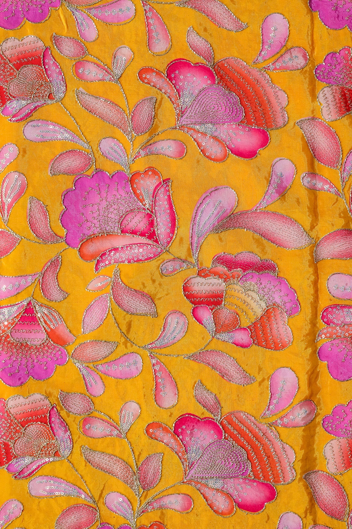 AIzaSyBcstauz-XMPRhEY21AUzeo032pxrXB5Ug - Gold Beads With Sequins Floral Positional Embroidery Work On Yellow Pure Crepe Fabric