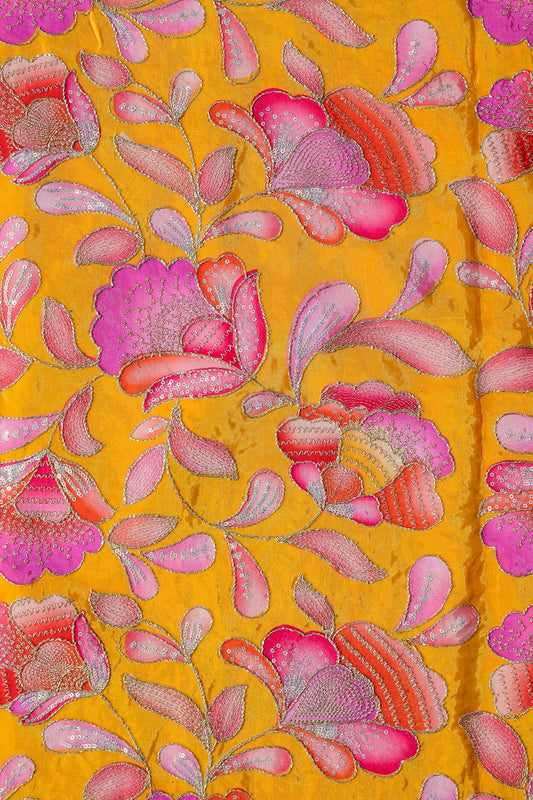 AIzaSyBcstauz-XMPRhEY21AUzeo032pxrXB5Ug - Gold Beads With Sequins Floral Positional Embroidery Work On Yellow Pure Crepe Fabric