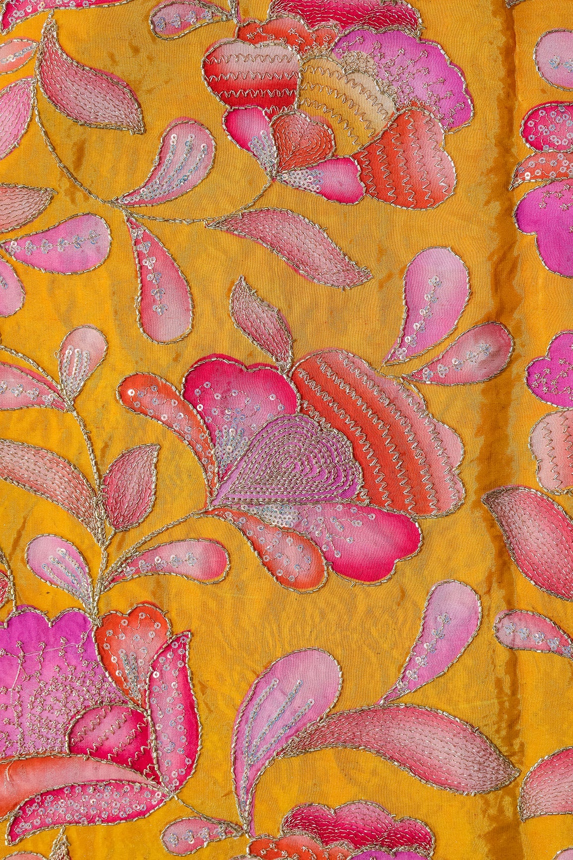 AIzaSyBcstauz-XMPRhEY21AUzeo032pxrXB5Ug - Gold Beads With Sequins Floral Positional Embroidery Work On Yellow Pure Crepe Fabric