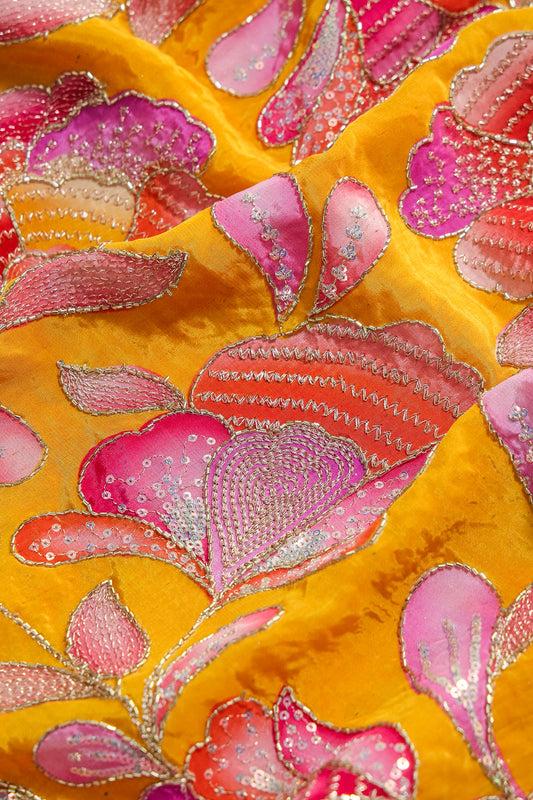 AIzaSyBcstauz-XMPRhEY21AUzeo032pxrXB5Ug - Gold Beads With Sequins Floral Positional Embroidery Work On Yellow Pure Crepe Fabric