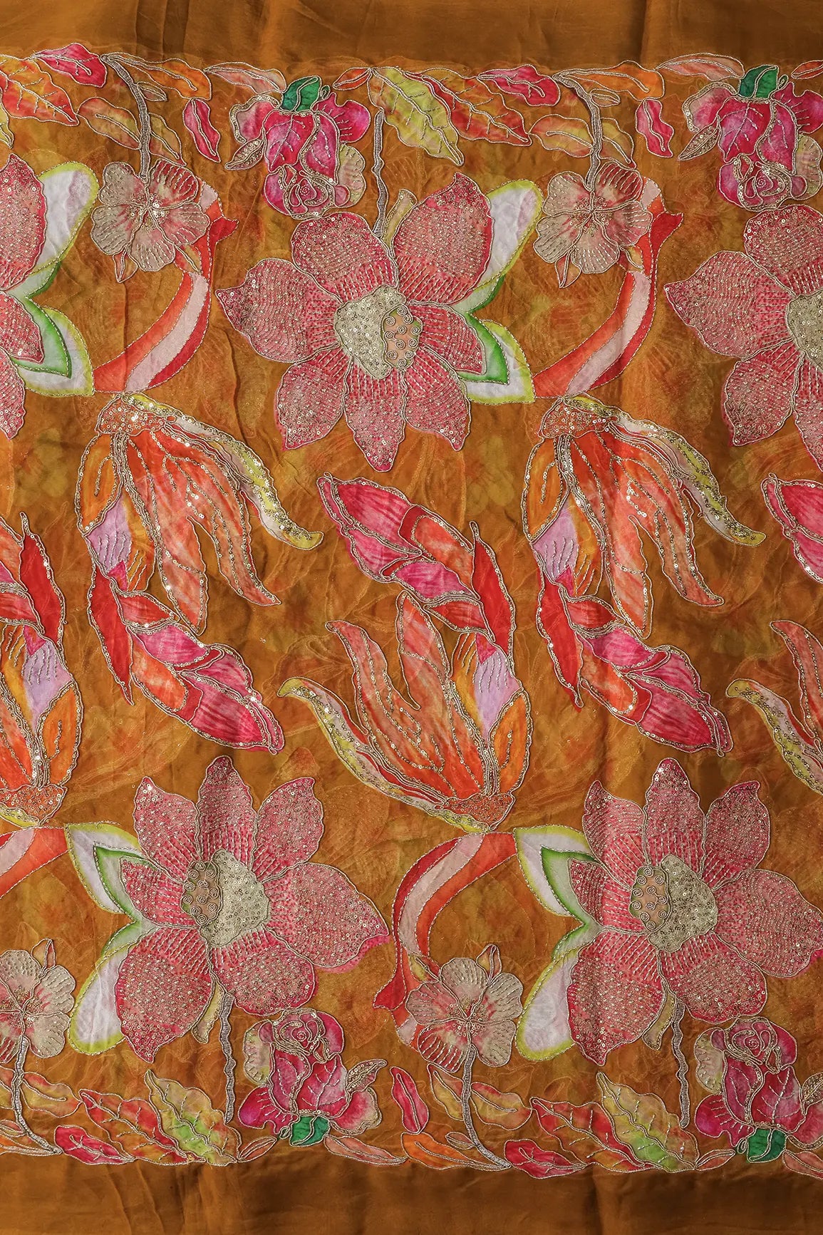 AIzaSyBcstauz-XMPRhEY21AUzeo032pxrXB5Ug - Floral Positional Print On Gold Beads Sequins With Zari Embroidery Work On Mustard Yellow Viscose Organza Fabric