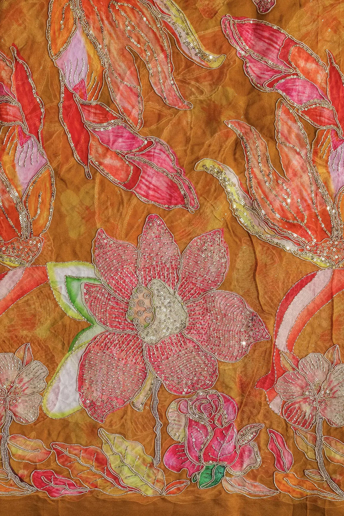 AIzaSyBcstauz-XMPRhEY21AUzeo032pxrXB5Ug - Floral Positional Print On Gold Beads Sequins With Zari Embroidery Work On Mustard Yellow Viscose Organza Fabric