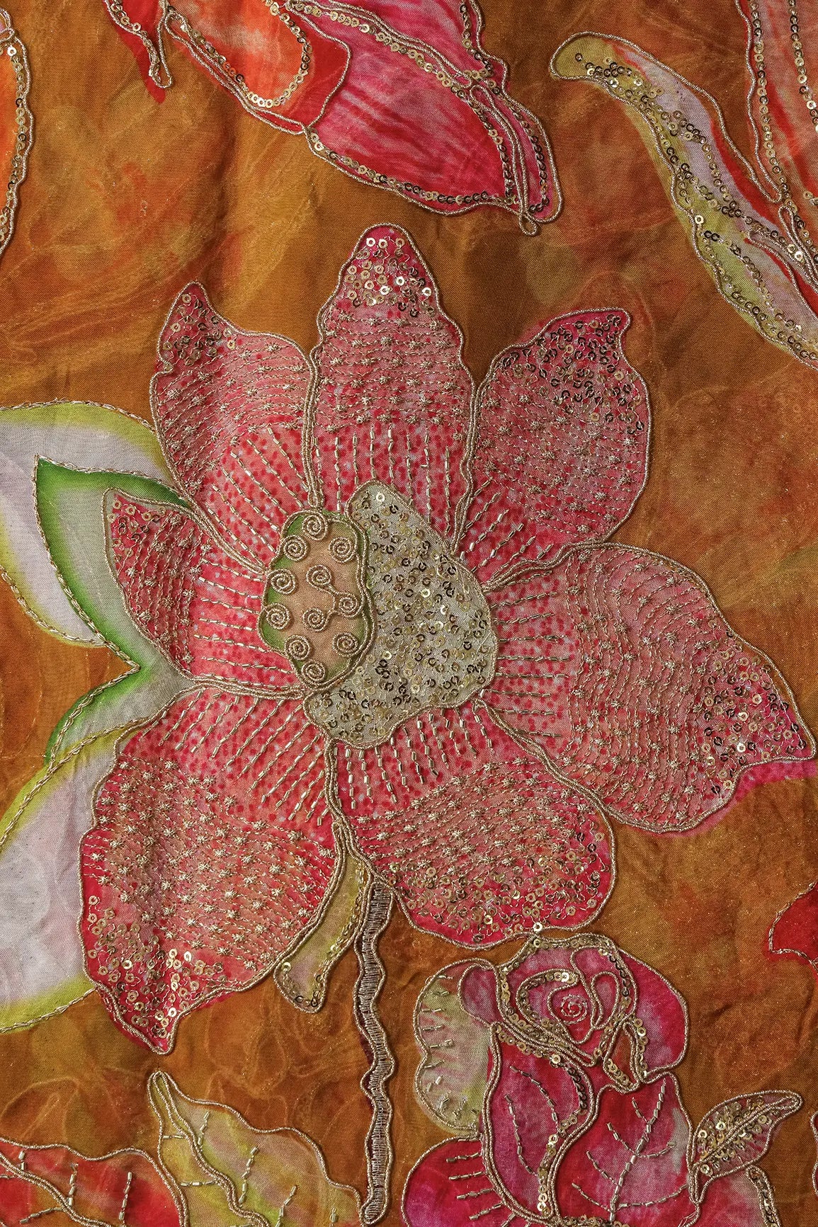 AIzaSyBcstauz-XMPRhEY21AUzeo032pxrXB5Ug - Floral Positional Print On Gold Beads Sequins With Zari Embroidery Work On Mustard Yellow Viscose Organza Fabric