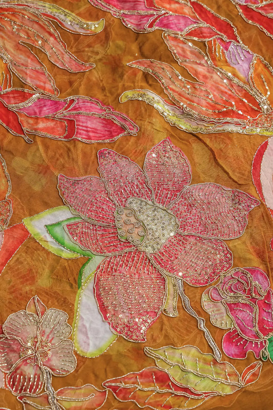 AIzaSyBcstauz-XMPRhEY21AUzeo032pxrXB5Ug - Floral Positional Print On Gold Beads Sequins With Zari Embroidery Work On Mustard Yellow Viscose Organza Fabric