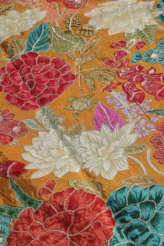 Zari with Sequins Floral Positional Print On Mustard Yellow Pure Crepe Fabric