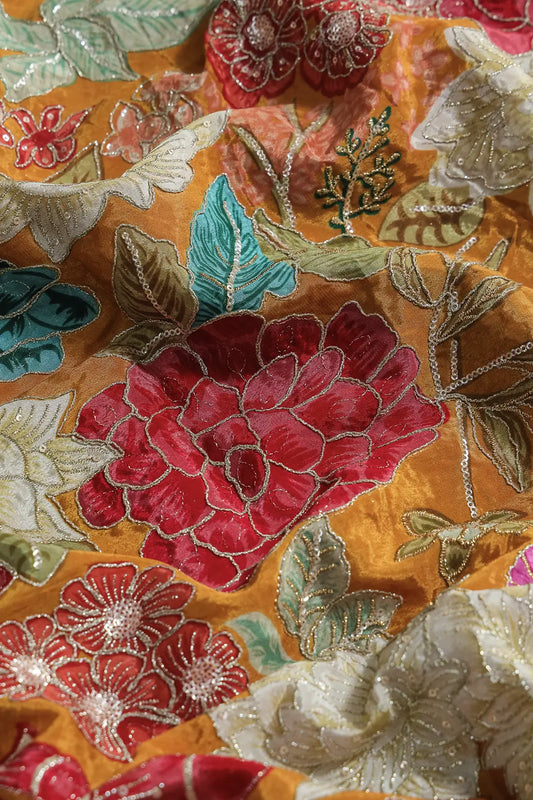 Zari with Sequins Floral Positional Print On Mustard Yellow Pure Crepe Fabric