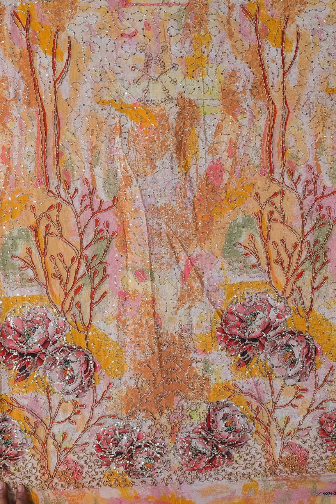 AIzaSyBcstauz-XMPRhEY21AUzeo032pxrXB5Ug - Floral Positional Print On Sequins With Zari Embroidery Work On Yellow Pure Crepe Fabric