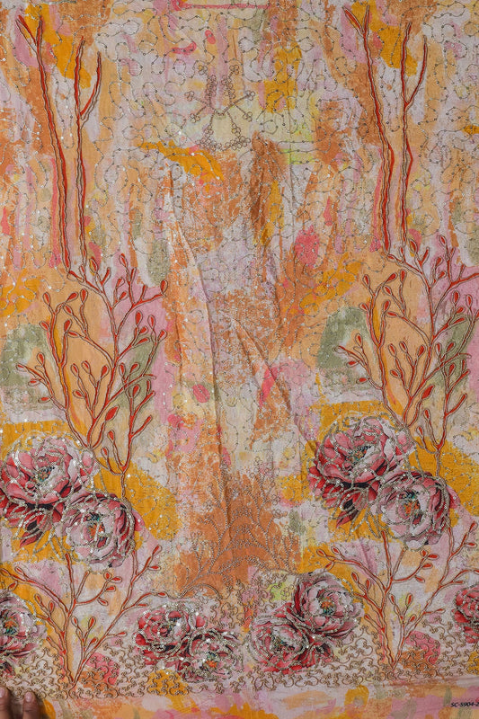 AIzaSyBcstauz-XMPRhEY21AUzeo032pxrXB5Ug - Floral Positional Print On Sequins With Zari Embroidery Work On Yellow Pure Crepe Fabric