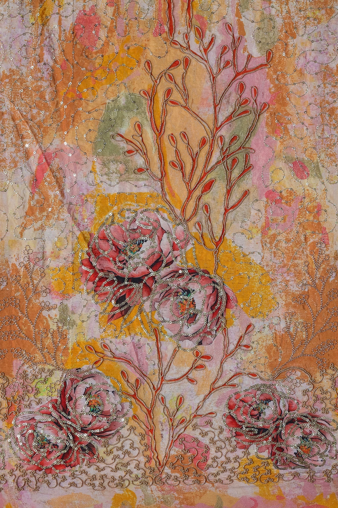 AIzaSyBcstauz-XMPRhEY21AUzeo032pxrXB5Ug - Floral Positional Print On Sequins With Zari Embroidery Work On Yellow Pure Crepe Fabric