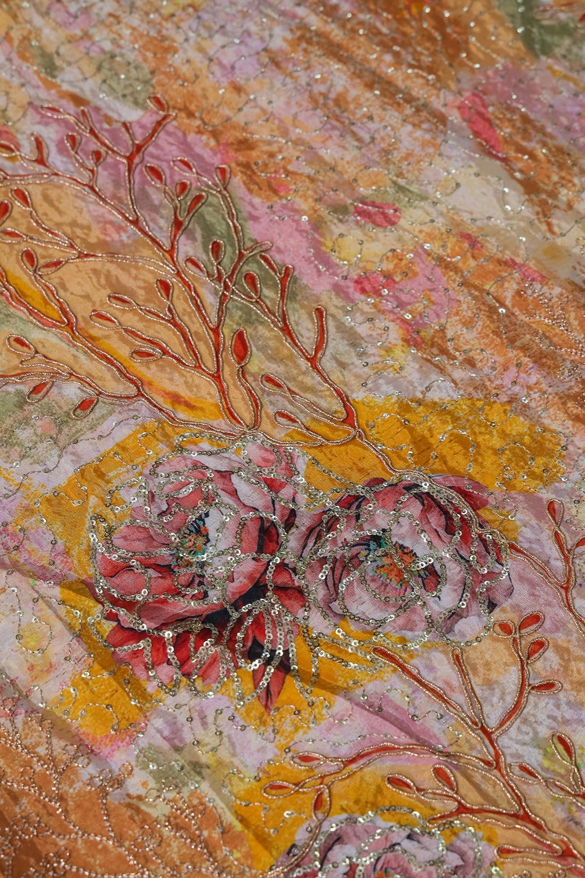AIzaSyBcstauz-XMPRhEY21AUzeo032pxrXB5Ug - Floral Positional Print On Sequins With Zari Embroidery Work On Yellow Pure Crepe Fabric