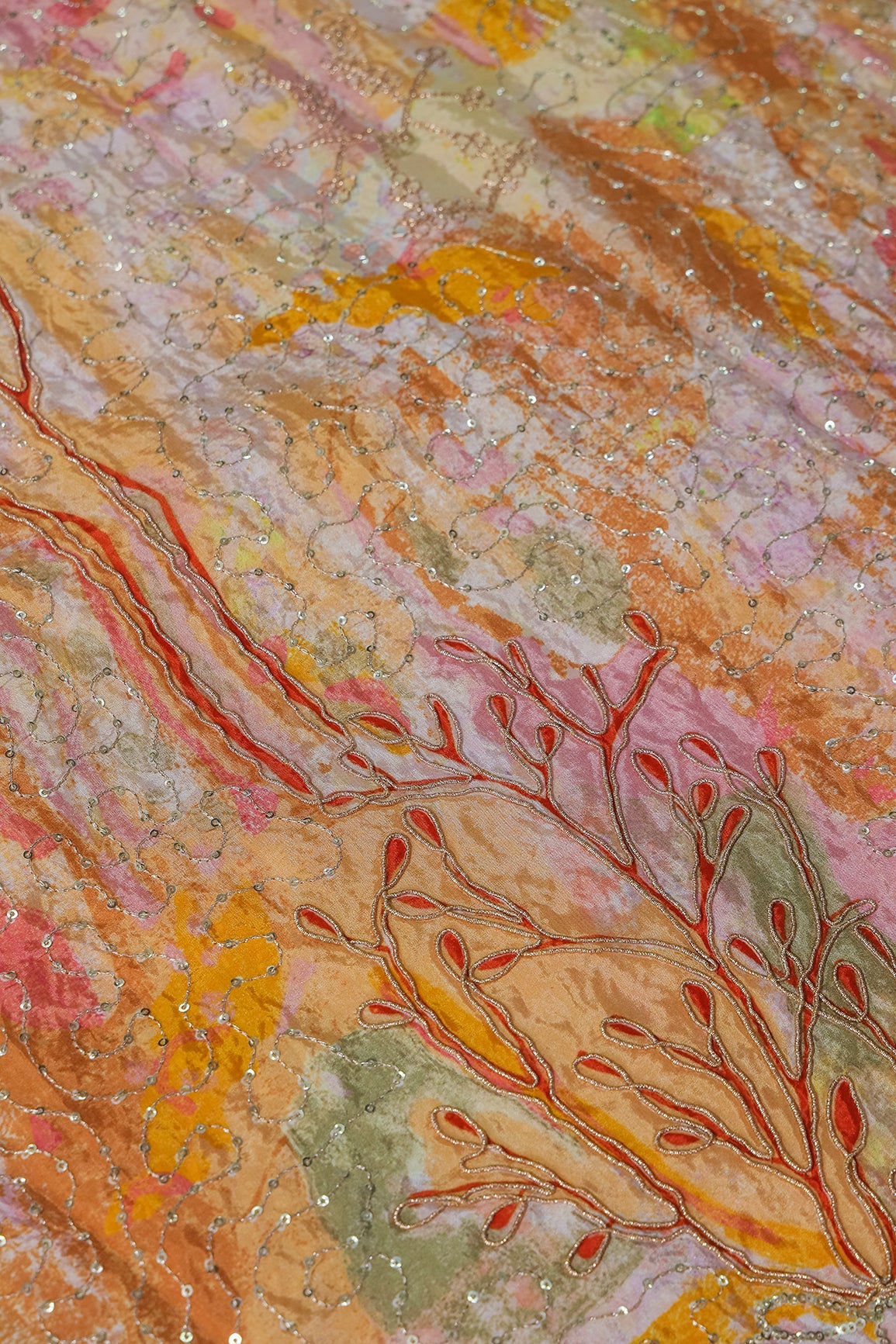 AIzaSyBcstauz-XMPRhEY21AUzeo032pxrXB5Ug - Floral Positional Print On Sequins With Zari Embroidery Work On Yellow Pure Crepe Fabric