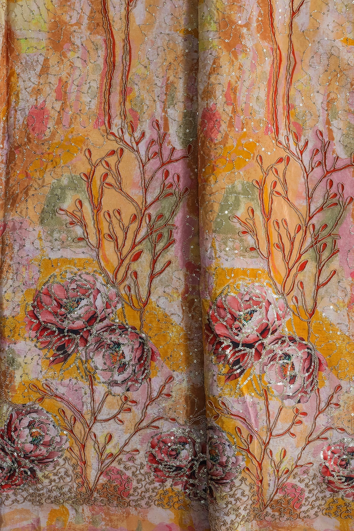 AIzaSyBcstauz-XMPRhEY21AUzeo032pxrXB5Ug - Floral Positional Print On Sequins With Zari Embroidery Work On Yellow Pure Crepe Fabric