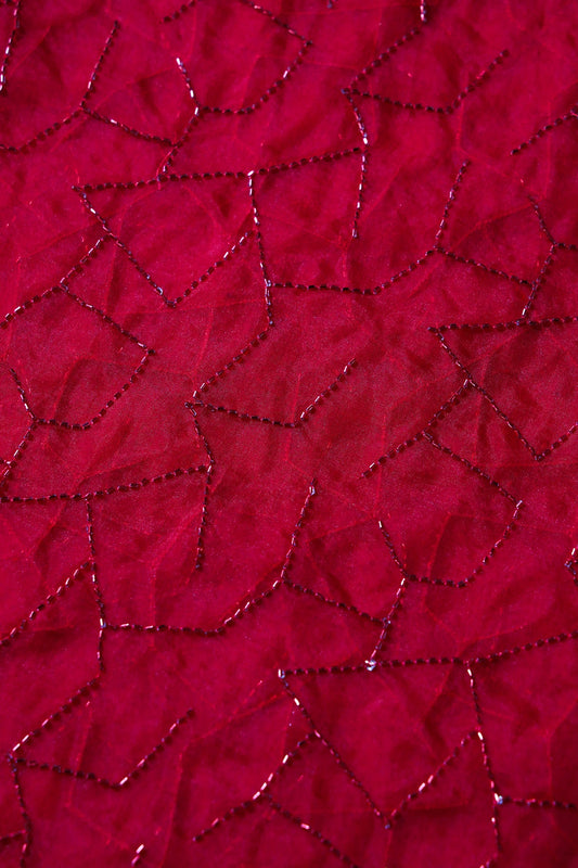 AIzaSyBcstauz-XMPRhEY21AUzeo032pxrXB5Ug - Cut Dana Beads Appealing Abstract Embroidery On Red Organza Fabric