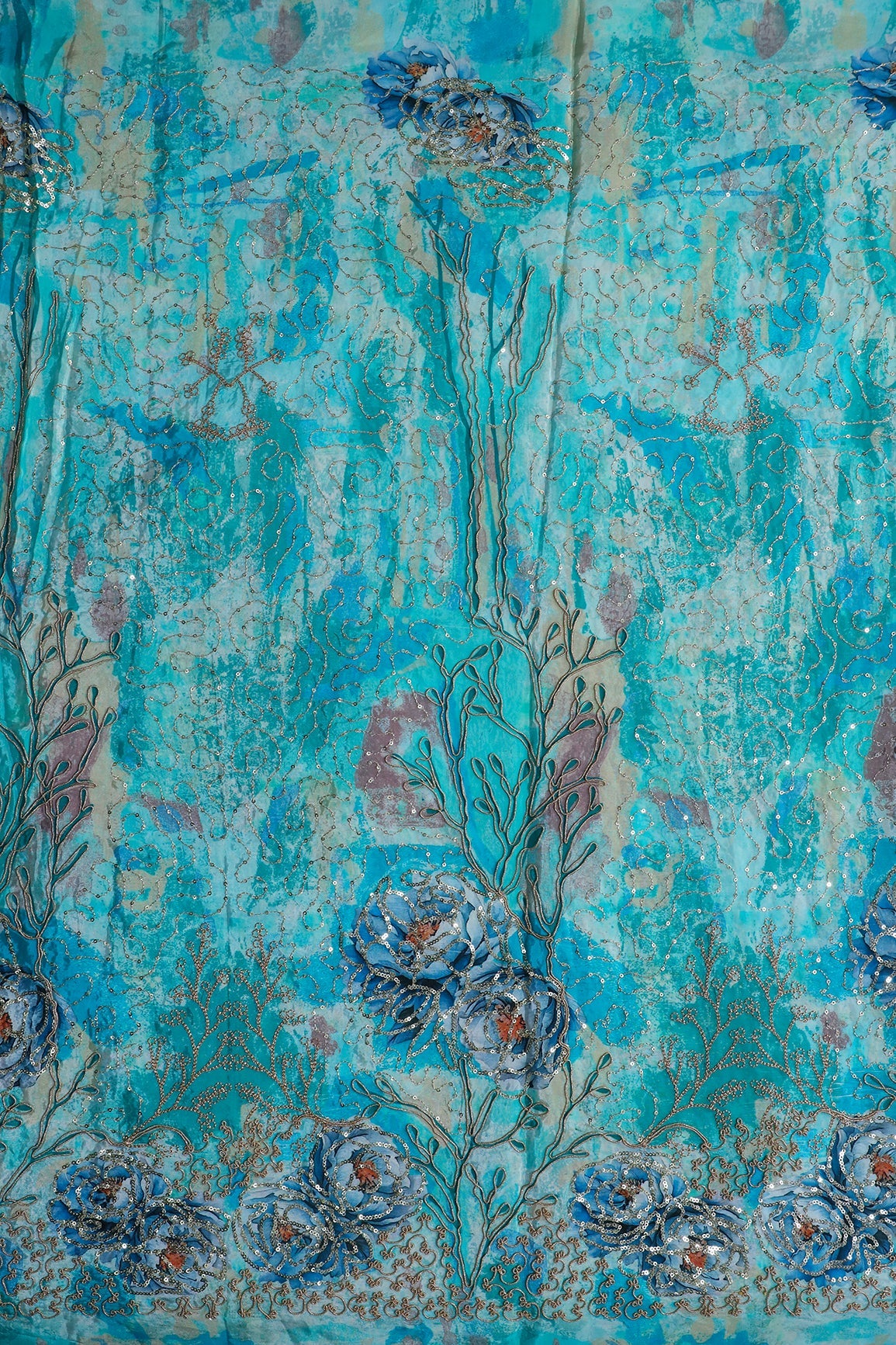 AIzaSyBcstauz-XMPRhEY21AUzeo032pxrXB5Ug - Floral Positional Print On Sequins With Zari Embroidery Work On Turquoise Blue Pure Crepe Fabric