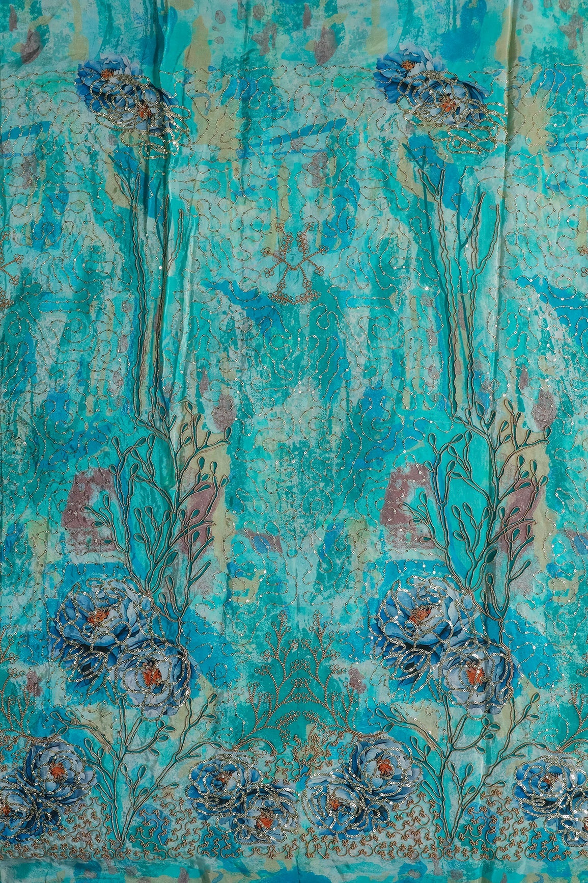 AIzaSyBcstauz-XMPRhEY21AUzeo032pxrXB5Ug - Floral Positional Print On Sequins With Zari Embroidery Work On Turquoise Blue Pure Crepe Fabric