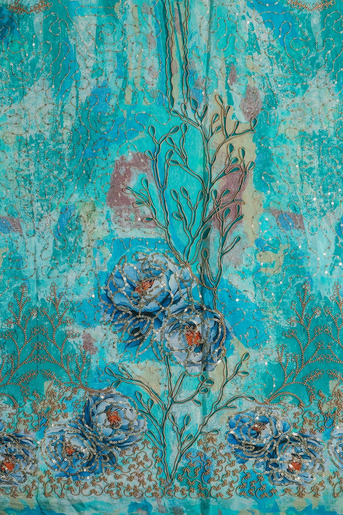 AIzaSyBcstauz-XMPRhEY21AUzeo032pxrXB5Ug - Floral Positional Print On Sequins With Zari Embroidery Work On Turquoise Blue Pure Crepe Fabric