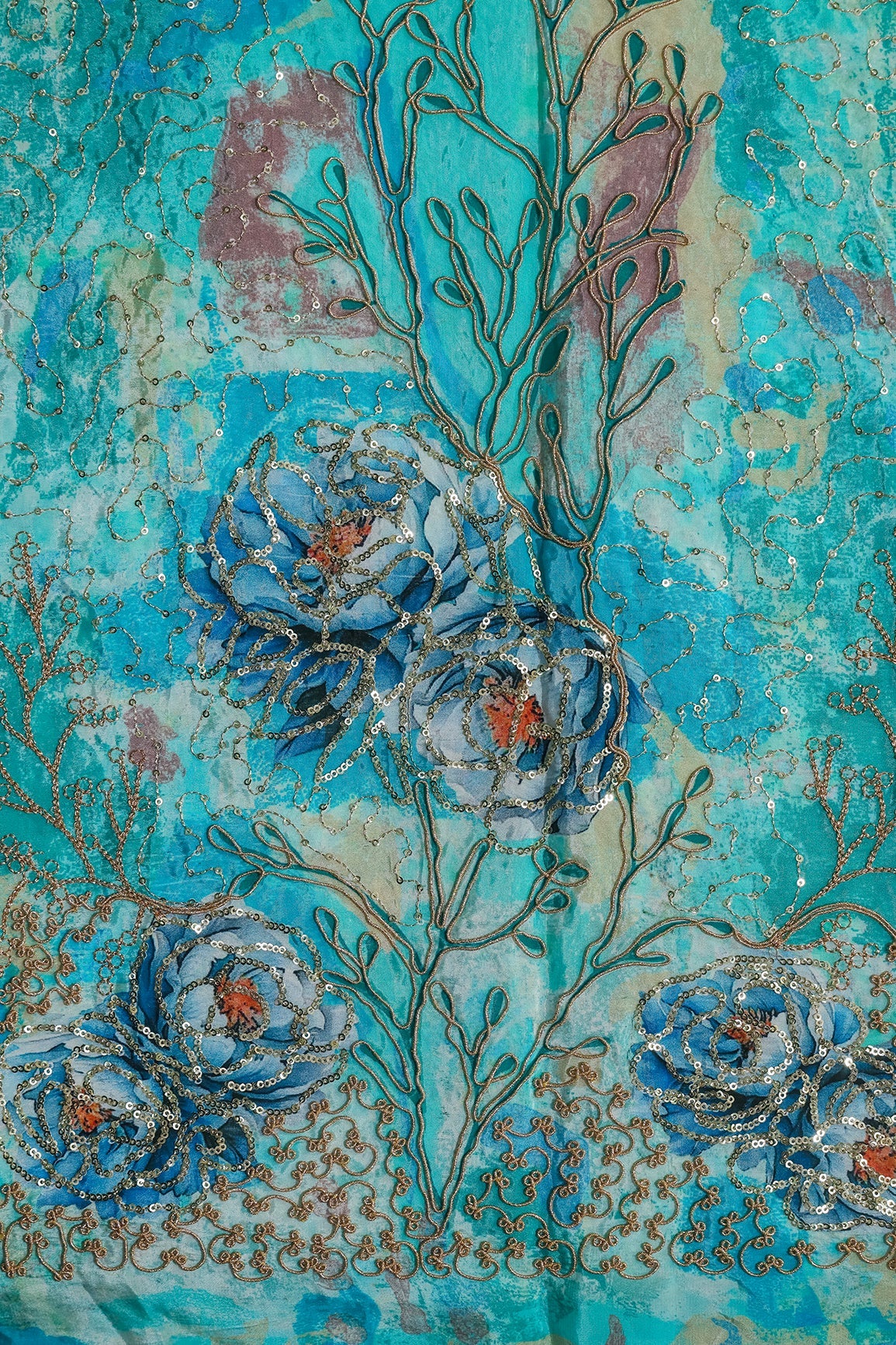 AIzaSyBcstauz-XMPRhEY21AUzeo032pxrXB5Ug - Floral Positional Print On Sequins With Zari Embroidery Work On Turquoise Blue Pure Crepe Fabric
