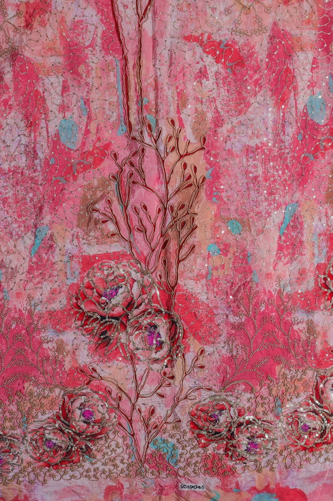 AIzaSyBcstauz-XMPRhEY21AUzeo032pxrXB5Ug - Floral Positional Print On Sequins With Zari Embroidery Work On Pink Pure Crepe Fabric