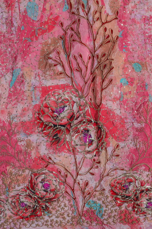 AIzaSyBcstauz-XMPRhEY21AUzeo032pxrXB5Ug - Floral Positional Print On Sequins With Zari Embroidery Work On Pink Pure Crepe Fabric