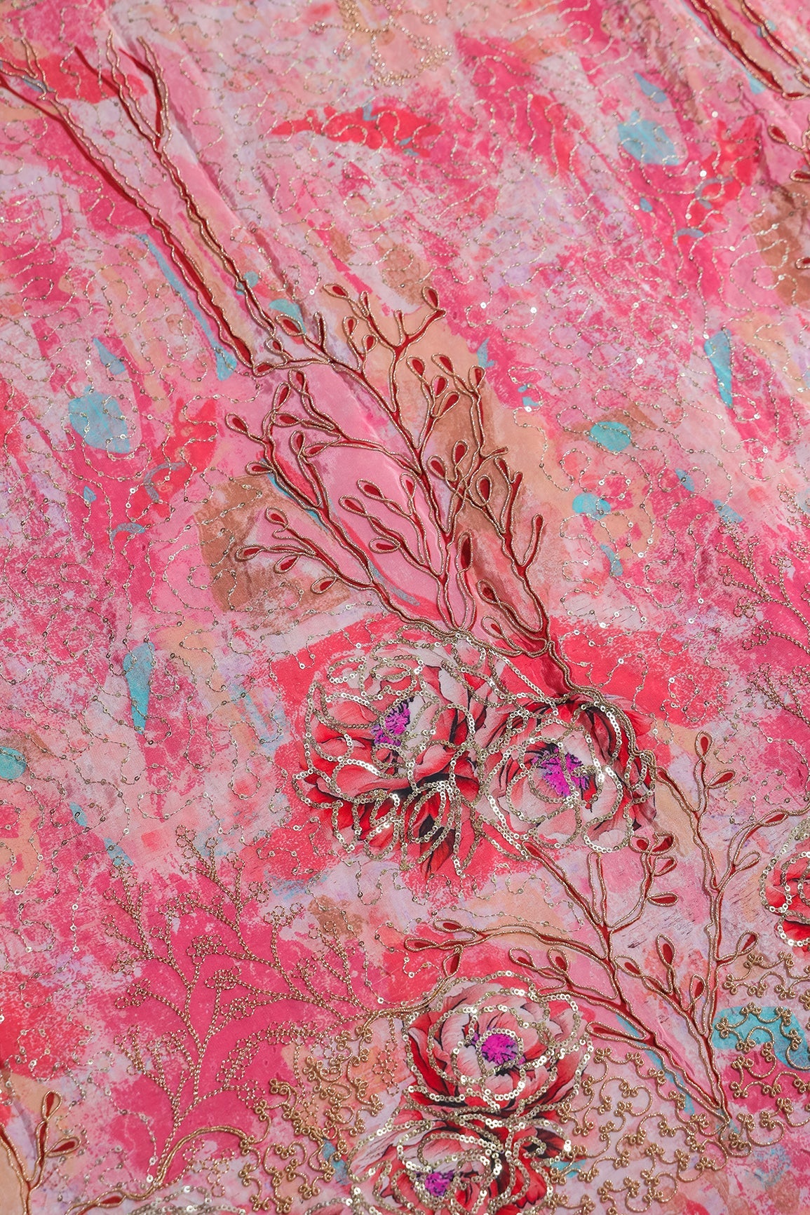 AIzaSyBcstauz-XMPRhEY21AUzeo032pxrXB5Ug - Floral Positional Print On Sequins With Zari Embroidery Work On Pink Pure Crepe Fabric