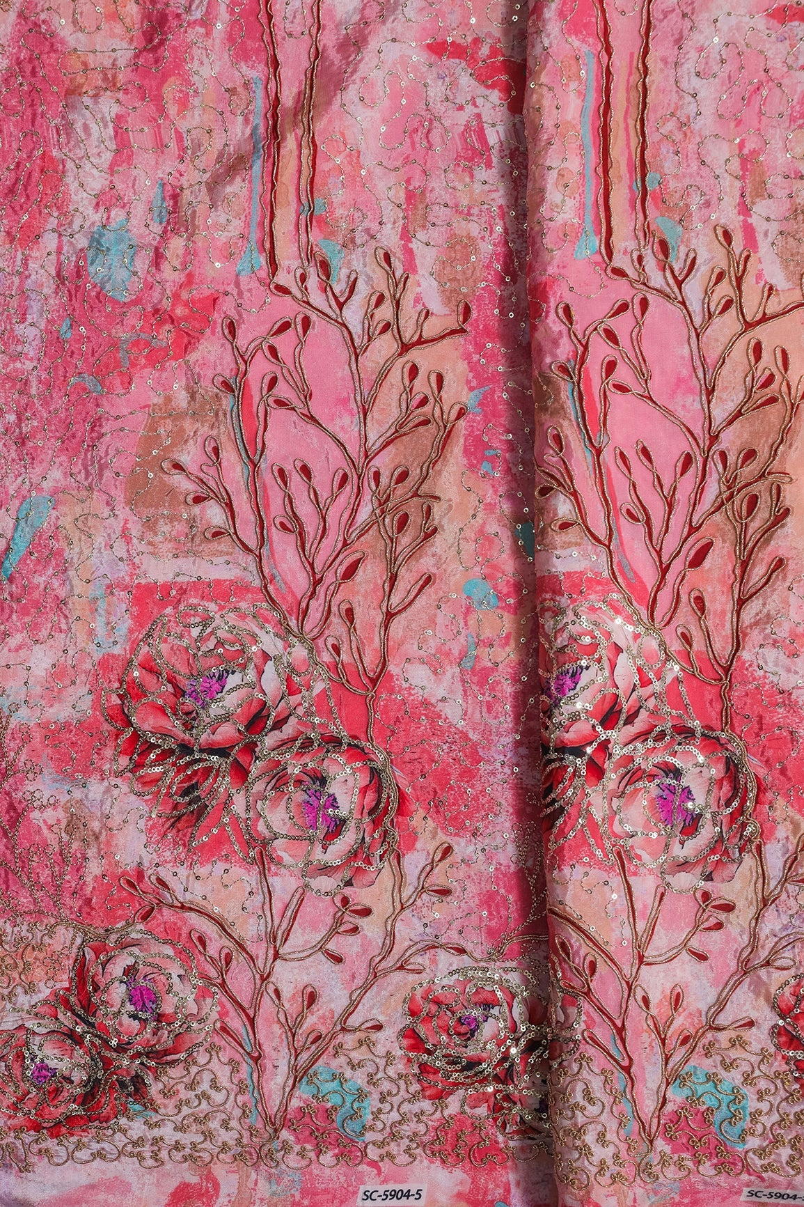 AIzaSyBcstauz-XMPRhEY21AUzeo032pxrXB5Ug - Floral Positional Print On Sequins With Zari Embroidery Work On Pink Pure Crepe Fabric