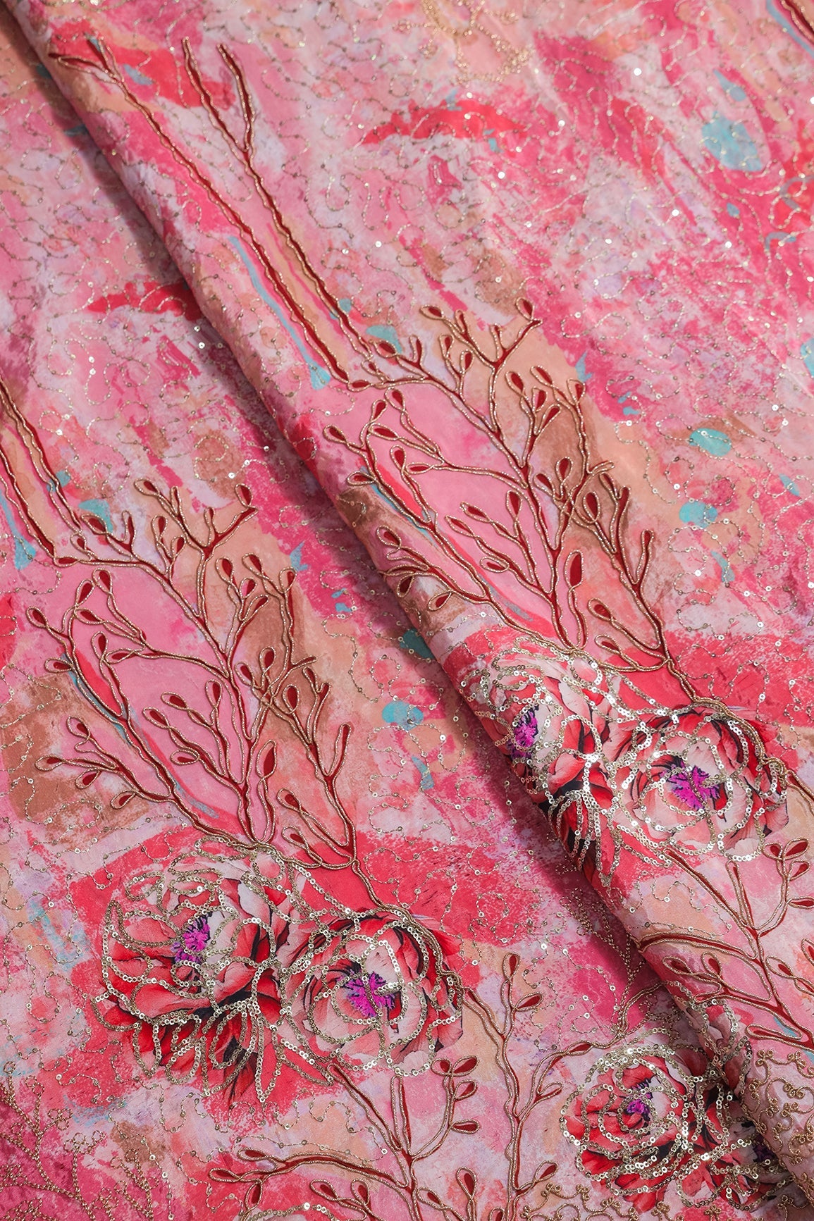 AIzaSyBcstauz-XMPRhEY21AUzeo032pxrXB5Ug - Floral Positional Print On Sequins With Zari Embroidery Work On Pink Pure Crepe Fabric