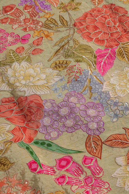 Zari with Sequins Floral Positional Print On  Pastel Olive Pure Crepe Fabric