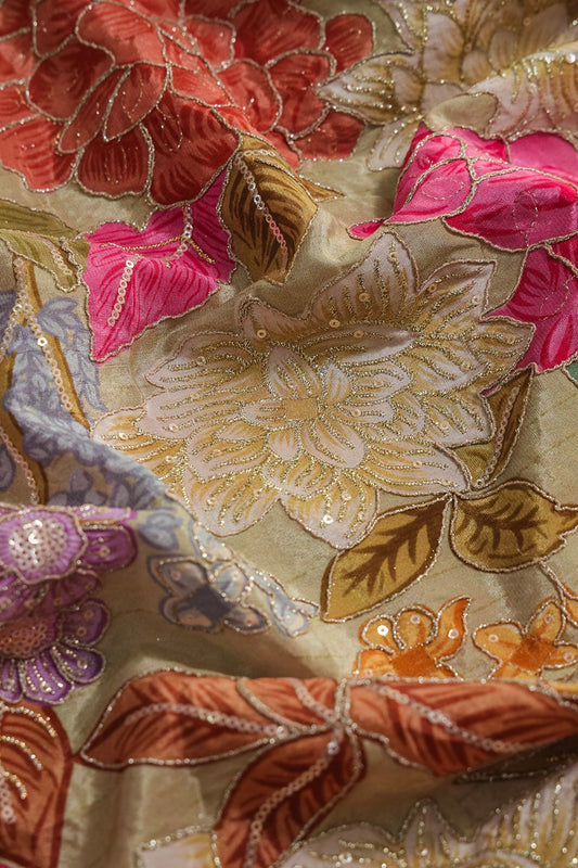 Zari with Sequins Floral Positional Print On  Pastel Olive Pure Crepe Fabric