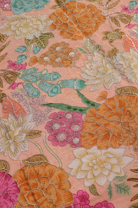 Zari with Sequins Floral Positional Print On Peach Pure Crepe Fabric