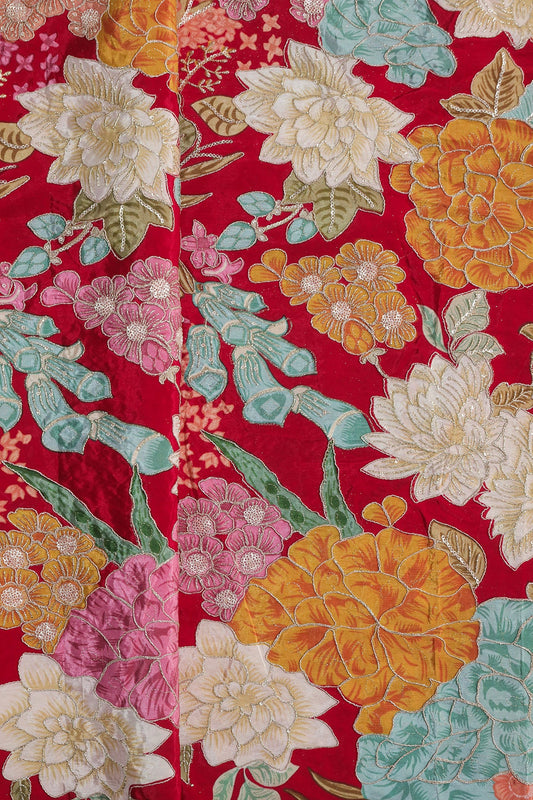 Zari with Sequins Floral Positional Print On Red Pure Crepe Fabric