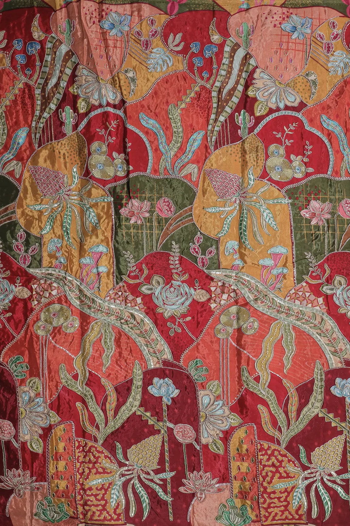 AIzaSyBcstauz-XMPRhEY21AUzeo032pxrXB5Ug - Gold Zari with Sequins Floral Positional Print On Multi Color Pure Crepe Fabric