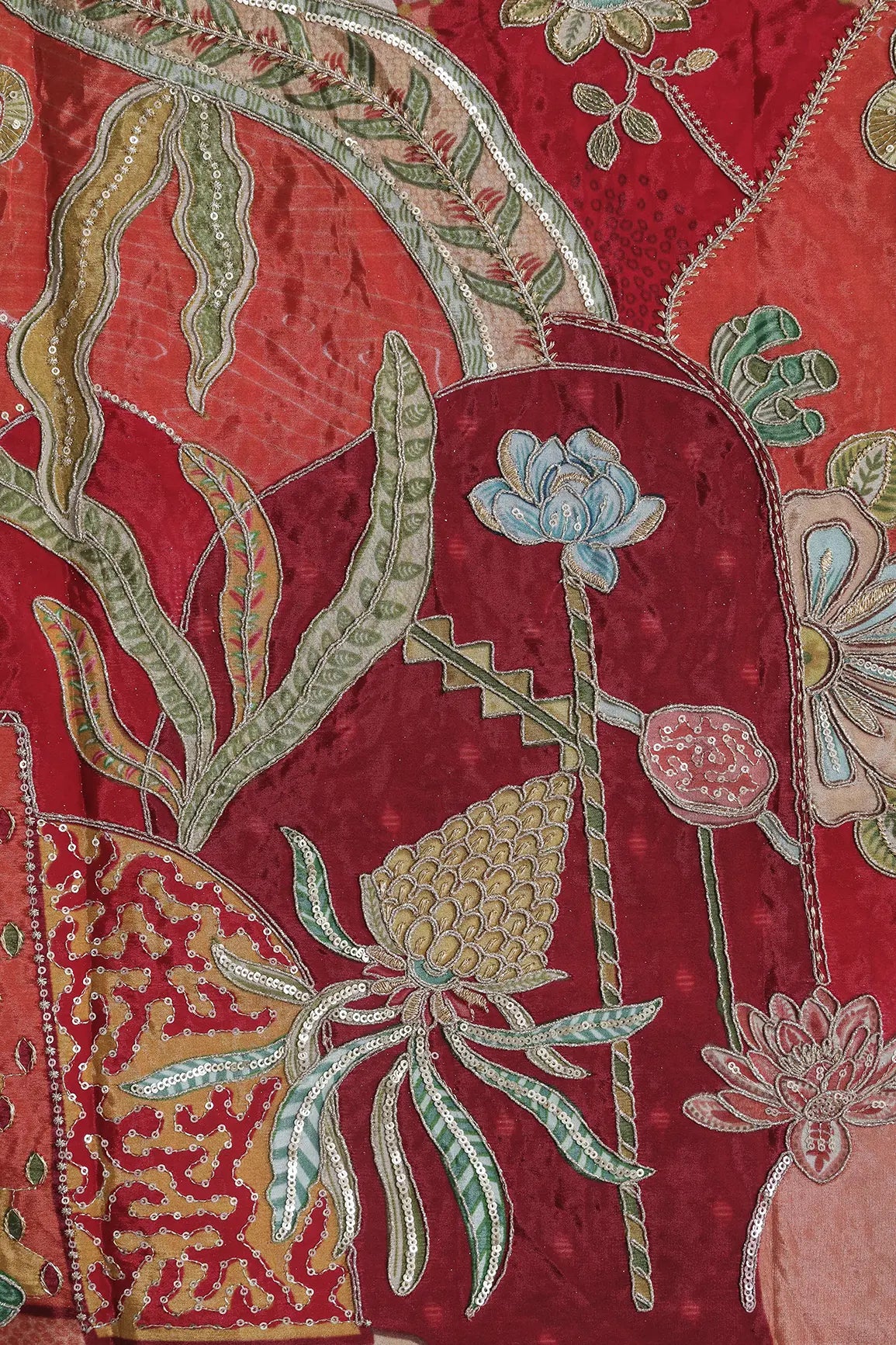 AIzaSyBcstauz-XMPRhEY21AUzeo032pxrXB5Ug - Gold Zari with Sequins Floral Positional Print On Multi Color Pure Crepe Fabric