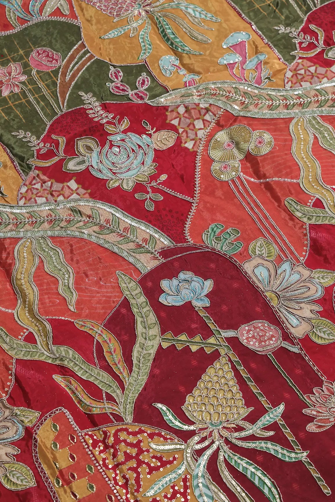 AIzaSyBcstauz-XMPRhEY21AUzeo032pxrXB5Ug - Gold Zari with Sequins Floral Positional Print On Multi Color Pure Crepe Fabric